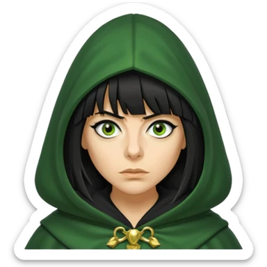 claudia winkleman with a heavy fringe as a traitor with a green hooded cloak with a gold clasp and dark black eyeliner sticker
