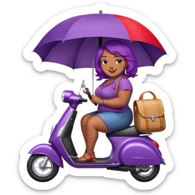 Fat black women with purple hair on a red scooter with an umbrella installed sticker