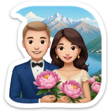 Couple traveling in Montenegro russian man and elegant  Latina girl delicate peonies and mountains in the background  sticker