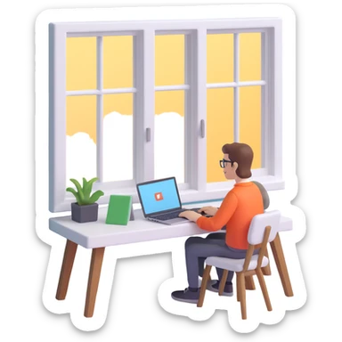 home office setup person typing on a laptop with a window in the background sticker