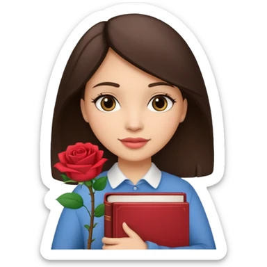 Brunette holds a stack of books + flower sticker