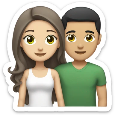 Light skin Asian male with straight black undercut hair and a white female with green eyes and long brown wavy hair tightly hugging each other  sticker