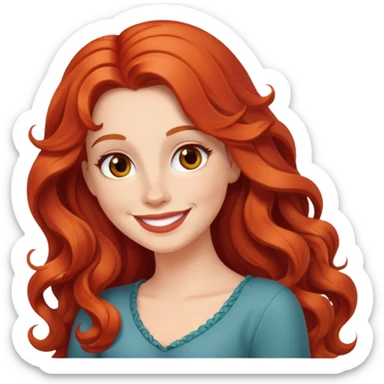 White woman with red long wavy hair and a flirty smile sticker