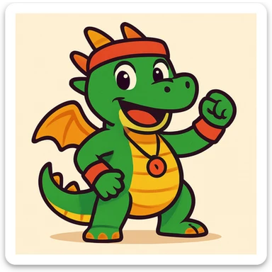 the face of a cute fitness dragon coach, energetic, friendly, cartoon style sticker