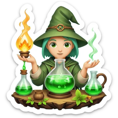 forest alchemist mixing two wrong potions → perfect glow sticker