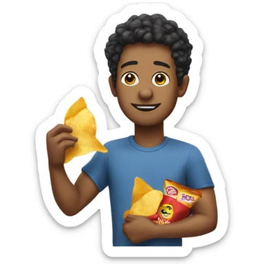 Lanny holding a bag of potato chips and eating a chip sticker