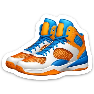 Cinematic Realistic image of a pair of basketball sneakers featuring detailed mesh and leather textures, vibrant color accents and dynamic design lines, illuminated by bold, high-energy arena lighting sticker