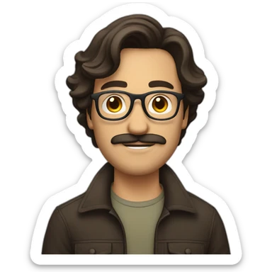 guy with curled mi-long hair, brune, with glasses, with small moustache and beard sticker