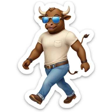 smiling bull character in jeans, t-shirt, and sunglasses, walking quickly sticker