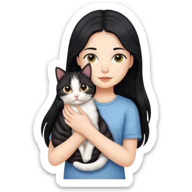 Long black hair girl holding a haired tabby cat sticker
