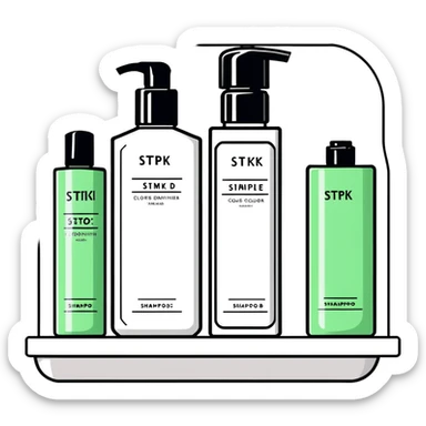 Shampoo bottle, color tube, and conditioner standing on a shelf, products are luxury brand-labeled sticker