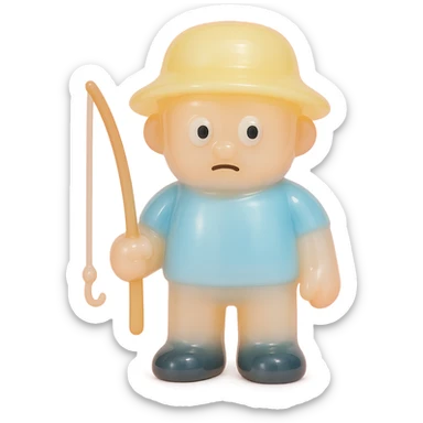 full-body fisherman, retro 90's toy style, very transparent and slightly see-through, natural tan skin, blue shirt, yellow hat, derpy eyes, soft plastic texture, soft reflections, soft and squishy, some cloudiness, not shiny, highly detailed, appealing, no tag, no background, match style and proportions of provided pirate reference sticker
