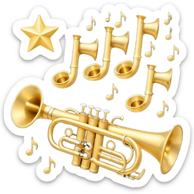 “Flat vector icon of a golden side-view trumpet with three valves, thick outline, on a deep navy blue rounded-square (or circle); 2–3 white or light-blue notes come out of the bell, surrounded by a soft light-yellow glow and a tiny golden star, plus a small speech bubble with the word ‘¡Azúcar!’.  sticker
