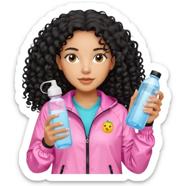 Mixed-race athletic woman with caramel skin, long black curly hair, wearing pastel pink windbreaker, holding a water bottle sticker