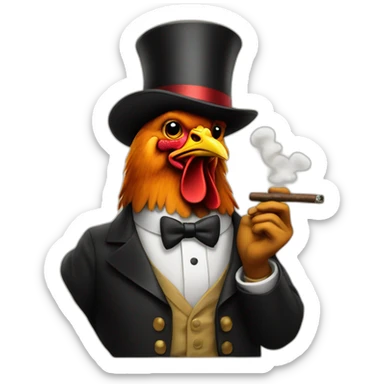  a chicken with a top hat and a money bag smoking a cigar sticker