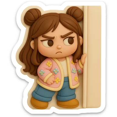 3D chibi fondant cake art style, high-quality rendering with smooth shadows and soft gradients. Girl based on reference image with preserved facial features and eye shape, long brown hair in two space buns, brown eyes, jeans, pastel floral cardigan, shoes, thick white outline like a sticker. Peeking suspiciously from behind a corner. Ensure the face, hairstyle, eye shape, and shoes match the reference exactly. sticker