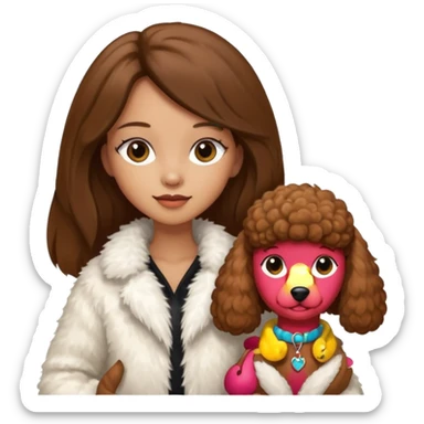 A girl with a long brown straight hair and wearing a fur white jacket holds a brown poodle sticker