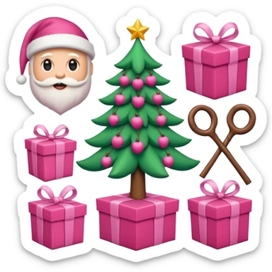 emojis estilo pixar de la cara de santa, arbolito rosa, reno, lazo coquet,bastones rosa, caja de regalo rosa, arbolito verde con bambalinas rosa sticker