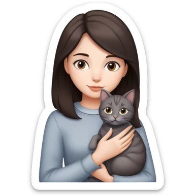 Dark Brown hair girl holding a grey cat sticker