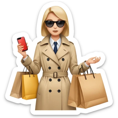 mystery shopper in trench coat, sunglasses, holding a shopping bag sticker