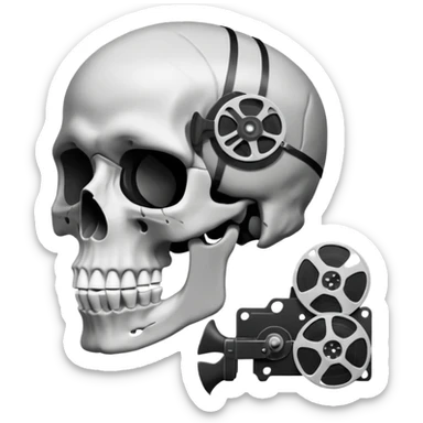 Minimalist emoji-style sticker of a human skull in profile, with a film reel replacing the brain. Grayscale icon with bold silhouette.
 sticker