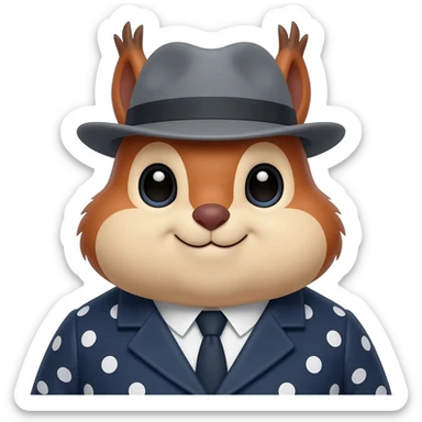 A close-up 3D render of a stylized, plump squirrel emoji head. It has a glossy, expressive Apple-style finish with soft, rounded edges. The squirrel wears the same grey fedora and dark blue polka-dot coat. Wide-eyed, friendly expression. sticker