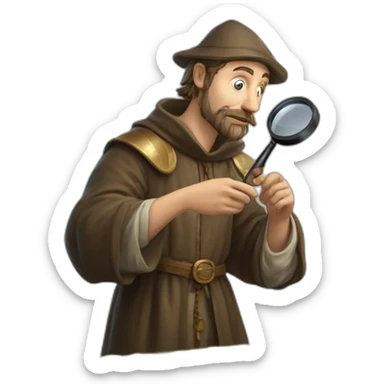 medieval coin collector, looking at a coin with a magnifying lense sticker