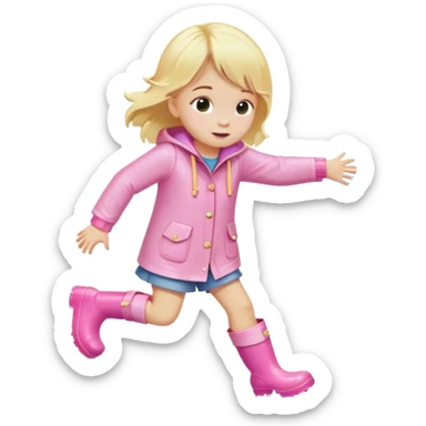 Blonde little girl in light pink rain boots splashing in puddle sticker