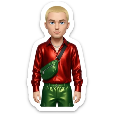 Eminem with blue eyes, blonde short hair, red metallic shirt, green metallic baggy pants, silver necklace sticker