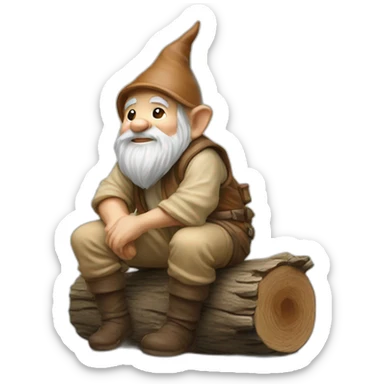 side view of gnome with light tan pants squatting on top of tiny brown log sticker