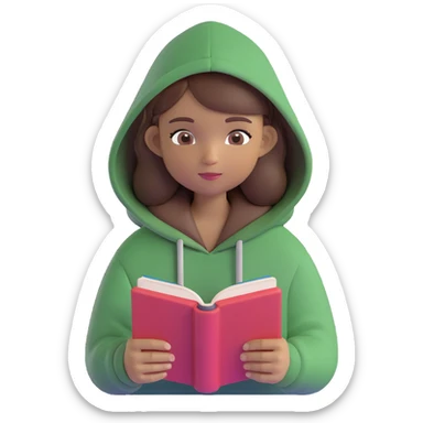 emoji of a girl with medium skin tone, brown hair, reading a book, wearing a hoodie sticker