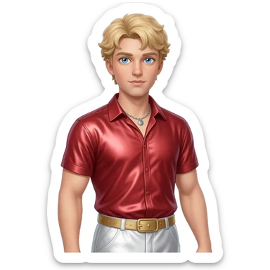 Eros from Greek Mythology with blue eyes, blonde hair, red metallic shirt, white metallic baggy pants, silver necklace sticker