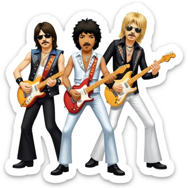 Icon for Rock Music: collage of iconic rock musicians—Klaus Meine, Jimi Hendrix, Kurt Cobain, Freddie Mercury, and Ozzy Osbourne—playing electric guitars and singing on stage. Capturing the powerful energy and rebellious spirit of rock. Transparent background. sticker