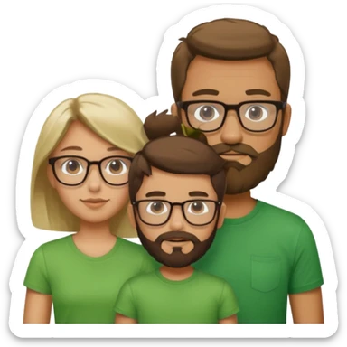 A family consisting of a man who's bearded, tanned, wearing glasses, a woman, slightly tanned, and a 14 year old teenage boy, slightly tanned, wearing a green t-shirt, not everyone is wearing glasses,  sticker