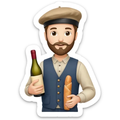 French man with beard, béret, trousers, holding a baguette and wine  sticker
