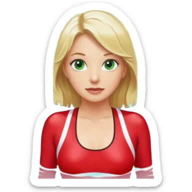 Blonde Woman, Green eyes, Red onepiece, Background Indoor pool sticker