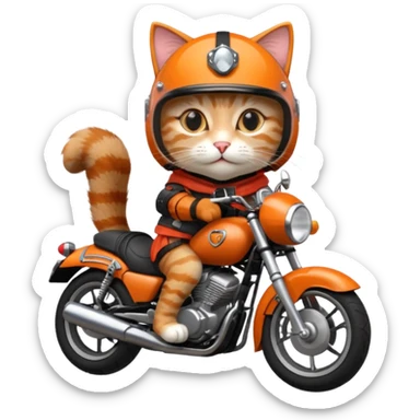 Cat on red and black motorcycle with helmet sticker