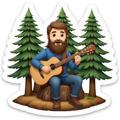 forest sticker character, bearded man with long brown hair playing acoustic guitar by pine trees sticker