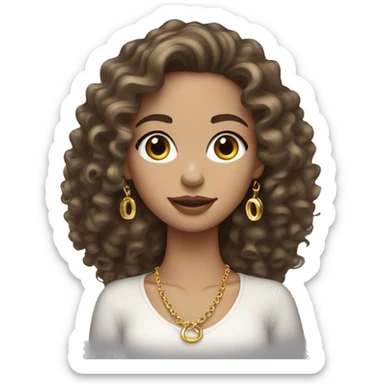 White brunette girl with curly hair and gold jewelry hoop earrings sticker