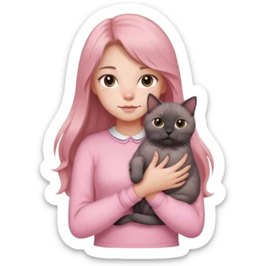 
girl with light brown long hair, grey eyes and fair skin in pink pastel clothes holds a black British cat in her arms sticker