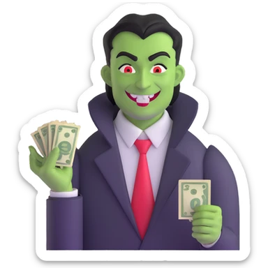 sinister demon salesman counting money with evil smile sticker