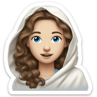 a pale girl with wavy brown hair and blue eyes in a white blanket sticker