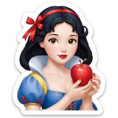 Cinematic Realistic Snow White Portrait, depicted with lifelike skin texture, soft natural lighting, and intricately detailed black hair styled with a red ribbon. Her soft brown eyes radiate innocence and kindness, complemented by a warm, gentle smile. She holds an apple in one hand, her other hand resting against her cheek, embodying her purity and charm. She is dressed in her classic yellow, blue, and red gown, the fabric rich in texture with delicate folds that catch the light beautifully. The portrait features a soft, natural glow with a radiant finish, capturing the essence of timeless beauty in a realistic and painterly style. sticker