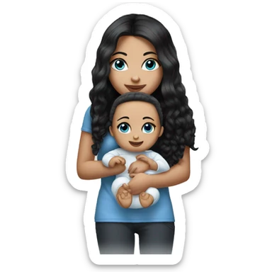 white Girl with black hair and blue eyes playing with baby doll sticker