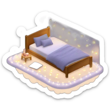 Design an inviting bed with floating pillows and fairy lights, in a dreamy bedroom." sticker