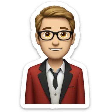skinny white guy with brown hair, black glasses and red suit sticker