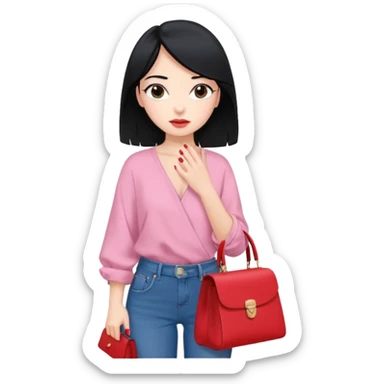 A girl black hair girl, w long light pink nails, wearing a black baggy jeans and blue ￼wrap blouse, w a red bag, her expression is nonchalant  sticker