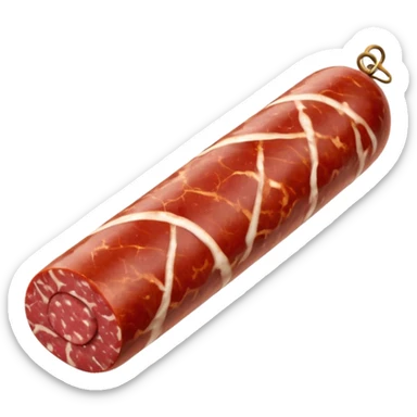 whole dry-cured sausage, firm cylindrical shape, rustic white-mottled casing, one end cleanly sliced to show dense marbled deep red meat and white fat, slightly wrinkled surface, artisanal look, no string, board, or slices, soft lighting, emoji scale sticker