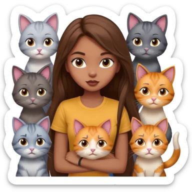 a pretty bratz dusky girl with long brown hair with six cats nd wearing a grey tshirt sticker