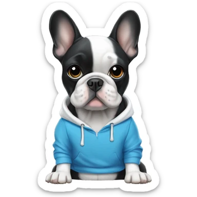 White and black French bulldog wearing blue hoodie sticker